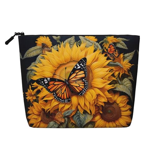 Kulturbeutel mit Sonnenblumen-Schmetterlings-Aufdruck, große Kapazität, Reise-Make-up-Tasche für Damen, für den täglichen Gebrauch, Reisen, Schwarz , Einheitsgröße Kulturbeutel mit Sonnenblumen-Schmetterlings-Aufdruck, große Kapazität, Reise-Make-up-Tasche für Damen, für den täglichen Gebrauch, Reisen, Schwarz , Einheitsgröße von XTYGETY