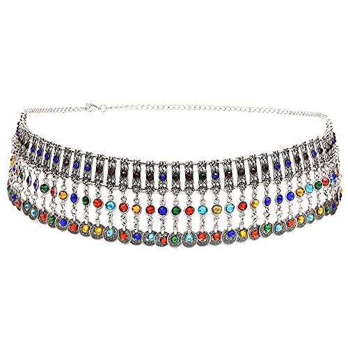 Münze Lange Quaste Bauchketten für Frauen Bunte Kristall Taille Tanzgürtel Indien Gypsy Statement Strandschmuck (Farbe: Silber) (Silber b) von XTZYGLFD