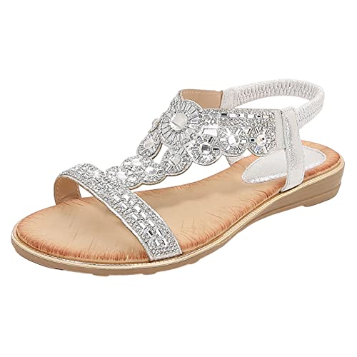 XTZYGLFD Damen Sommer Sandalen Römerschuhe Freizeit Vintage Zehenring Gladiator Sandalen Elegante Sandaletten Spitze Blumen Sommerschuhe Zehentrenner Bequem (0320a Silber 36 EU) von XTZYGLFD