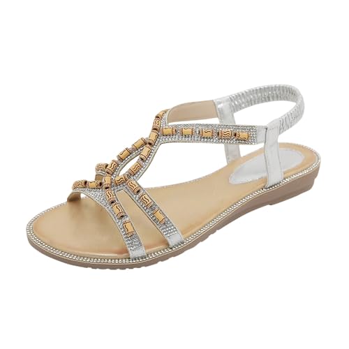 XTZYGLFD Sandalen Damen Bequem, Römersandalen Damen, Klassische Keilsandalen Outdoorschuhe Freizeit Strandsandalen Sommersandalen Frauen Bohemia Sandalen Tanzschuhe (Silber 41 EU) von XTZYGLFD