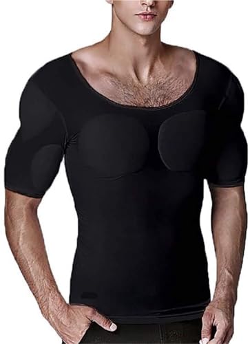 Männer Falsche Muskeln Brust T-Shirt Schultern Gepolstert Unterhemd Atmungsaktiv Weich Unsichtbar Kompression Weste(Black,XL) von XUANFXPJ