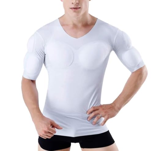 Männer Shaper Falsche Muskel Brust T-Shirt Abnehmbare gepolsterte Muscle Shirt Kompression Kurzarm Atmungsaktiv Schultern Gepolsterte Unterwäsche(S) von XUANFXPJ