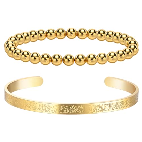 2 Stück islamische Armband für Frauen mit Ayatul Kursi - Arabische Allah Perlen Stacking Armreifen Quaran Tasbih religiösen Schutz Islam Eid Ramadan Schmuck muslimische Geschenke (Gold-Öffnen) von XUANPAI