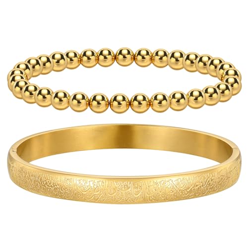2 Stück islamische Armband für Frauen mit Ayatul Kursi - Arabische Allah Perlen Stacking Armreifen Quaran Tasbih religiösen Schutz Islam Eid Ramadan Schmuck muslimische Geschenke (Gold-Schließen) von XUANPAI