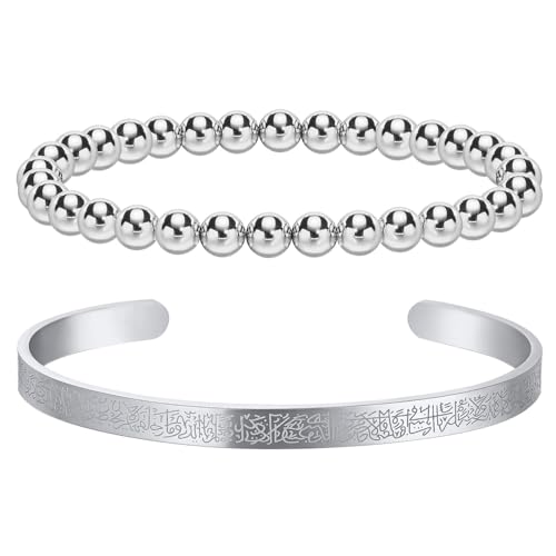 2 Stück islamische Armband für Frauen mit Ayatul Kursi - Arabische Allah Perlen Stacking Armreifen Quaran Tasbih religiösen Schutz Islam Eid Ramadan Schmuck muslimische Geschenke (Silber-Öffnen) von XUANPAI