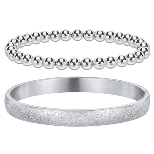 2 Stück islamische Armband für Frauen mit Ayatul Kursi - Arabische Allah Perlen Stacking Armreifen Quaran Tasbih religiösen Schutz Islam Eid Ramadan Schmuck muslimische Geschenke (Silber-Schließen) von XUANPAI