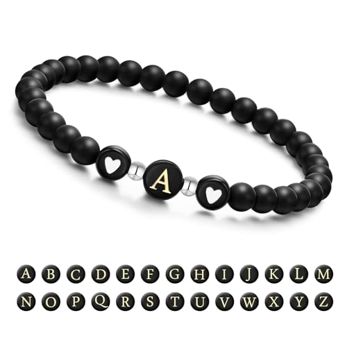 Armband Damen mit Buchstaben und Herz - Partnerarmbänder Freundschaftsarmband mit 6mm Naturstein Perlen Personalisierte Geschenke Armband Paare Mädchen bff Schwesterherz Mutter und Tochter (Schwarz-A) von XUANPAI