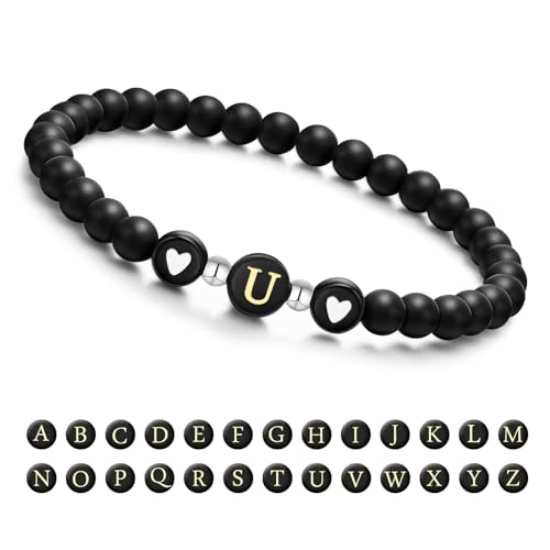 Armband Damen mit Buchstaben und Herz - Partnerarmbänder Freundschaftsarmband mit 6mm Naturstein Perlen Personalisierte Geschenke Armband Paare Mädchen bff Schwesterherz Mutter und Tochter (Schwarz-U) von XUANPAI