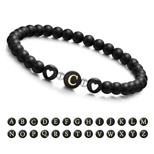 Armband Damen mit Buchstaben und Herz - Partnerarmbänder Freundschaftsarmband mit 6mm Naturstein Perlen Personalisierte Geschenke Armband Paare Mädchen bff Schwesterherz Mutter und Tochter (Schwarz-C) von XUANPAI