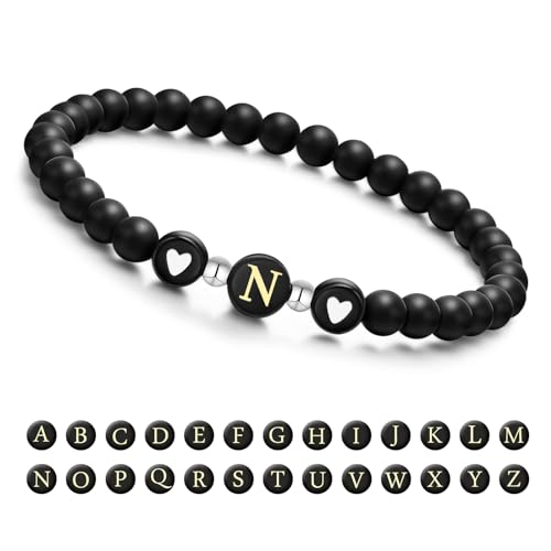 Armband Damen mit Buchstaben und Herz - Partnerarmbänder Freundschaftsarmband mit 6mm Naturstein Perlen Personalisierte Geschenke Armband Paare Mädchen bff Schwesterherz Mutter und Tochter (Schwarz-N) Armband Damen mit Buchstaben und Herz - Partnerarmbänder Freundschaftsarmband mit 6mm Naturstein Perlen Personalisierte Geschenke Armband Paare Mädchen bff Schwesterherz Mutter und Tochter (Schwarz-N) von XUANPAI