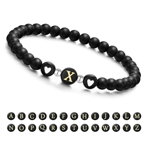 Armband Damen mit Buchstaben und Herz - Partnerarmbänder Freundschaftsarmband mit 6mm Naturstein Perlen Personalisierte Geschenke Armband Paare Mädchen bff Schwesterherz Mutter und Tochter (Schwarz-X) von XUANPAI