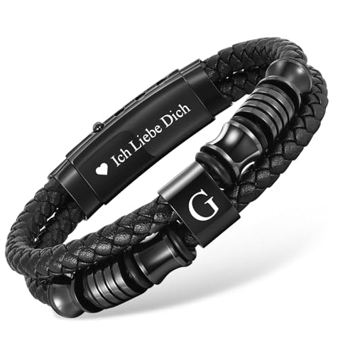 Armband Herren Lederarmband mit buchstaben - Schwarz Armbänder Leder mit Gravur A-Z Buchstabe Personalisierte Geschenke für Männer Jahrestag Geburtstag Vatertagsgeschenk für Papa Opa Sohn Bruder (G) von XUANPAI