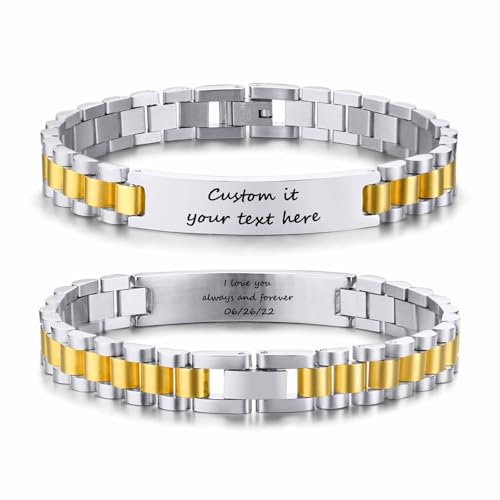 Armband Herren Personalisiert mit Gravur Namen - Edelstahl Herrenarmbänder Einstellbar mit Knebelverschluss Valentinstag Personalisierte Geschenke für Männer Frauen Paare (Gold & Silber, 19,5 cm) von XUANPAI