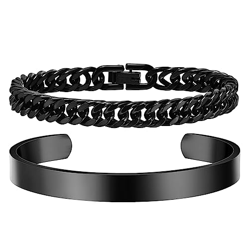 XUANPAI Armband Herren Schwarz Edelstahl - 2 Stücke Armbänder für Herren Panzerkette 21.5 cm, Verstellbar Offen Maschette Herrenarmbänder mit Geschenkbox für Ihn Freund Ehemann Sohn von XUANPAI