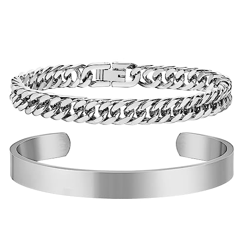 Armband Herren Männer Armband Edelstahl - Herrenarmbänder Männer Geschenke für Bruder Freund Ehemann Herren Armband Armbänder für Herren Jungs 2er Set (Silber, 21.5) von XUANPAI