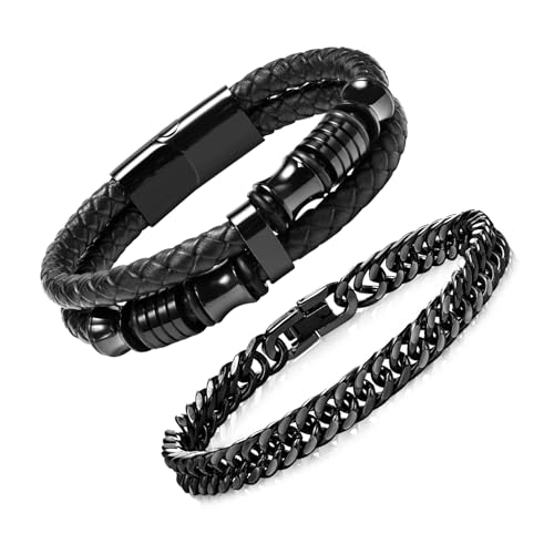 Armband Herren Valentinstag Jahrestag Lederarmband Edelstahl - Herrenarmbänder Männer Geschenke für Bruder Freund Ehemann Herren Armband Silber/Schwarz Armbänder für Herren Jungs 2er Set (Schwarz, 19) von XUANPAI