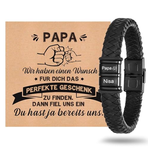 Vatertagsgeschenk Armband Herren mit Gravur Lederarmband Papa - Armband mit Name Personalisiert Armbänder für Herren Männer Schmuck Herren Ideales Papa Geschenk für Vater DAD Geburtstag Hochzeitstag von XUANPAI