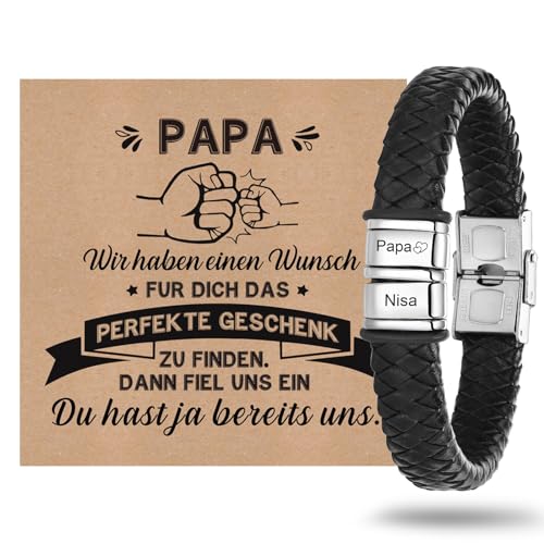 Vatertagsgeschenk Armband Herren mit Gravur Lederarmband Papa - Armband mit Name Personalisiert Armbänder für Herren Männer Schmuck Herren Ideales Papa Geschenk für Vater DAD Geburtstag Hochzeitstag von XUANPAI