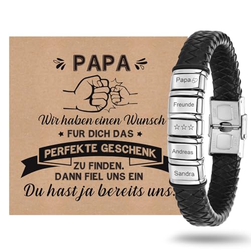 Vatertagsgeschenk Armband Herren mit Gravur Lederarmband Papa - Armband mit Name Personalisiert Armbänder für Herren Männer Schmuck Herren Ideales Papa Geschenk für Vater DAD Geburtstag Hochzeitstag von XUANPAI