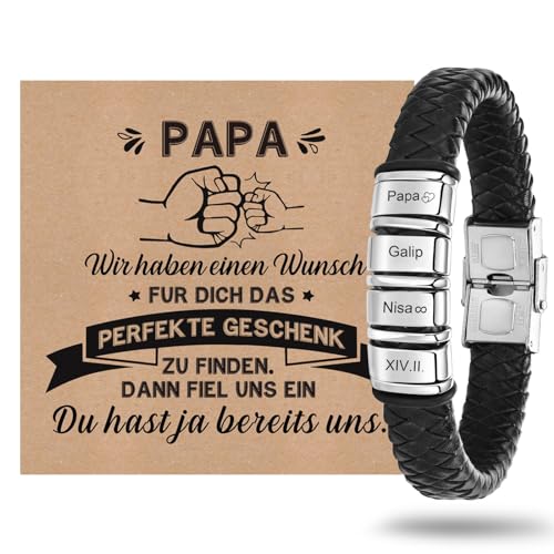 Vatertagsgeschenk Armband Herren mit Gravur Lederarmband Papa - Armband mit Name Personalisiert Armbänder für Herren Männer Schmuck Herren Ideales Papa Geschenk für Vater DAD Geburtstag Hochzeitstag von XUANPAI