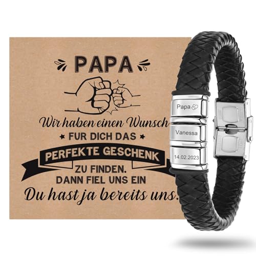 Vatertagsgeschenk Armband Herren mit Gravur Lederarmband Papa - Armband mit Name Personalisiert Armbänder für Herren Männer Schmuck Herren Ideales Papa Geschenk für Vater DAD Geburtstag Hochzeitstag von XUANPAI