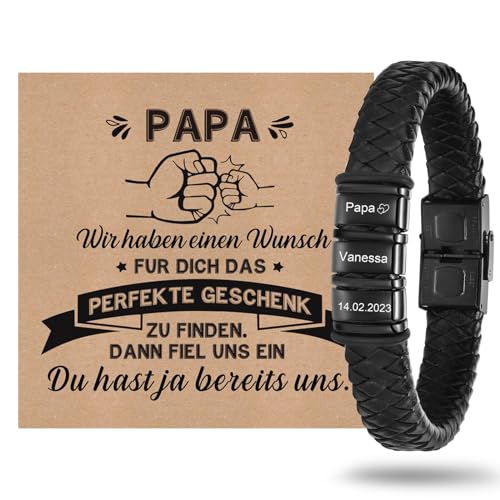 Vatertagsgeschenk Armband Herren mit Gravur Lederarmband Papa - Armband mit Name Personalisiert Armbänder für Herren Männer Schmuck Herren Ideales Papa Geschenk für Vater DAD Geburtstag Hochzeitstag von XUANPAI