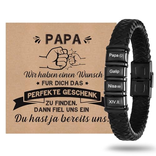 Vatertagsgeschenk Armband Herren mit Gravur Lederarmband Papa - Armband mit Name Personalisiert Armbänder für Herren Männer Schmuck Herren Ideales Papa Geschenk für Vater DAD Geburtstag Hochzeitstag von XUANPAI