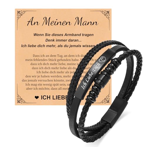 Ich Liebe Dich Geschenke für Männer - Personalisierte Armband Herren mit Gravur Valentinstag Jahrestag Geburtstag Geschenk Lederarmband Herren für Ihn Ehemann Freund Liebesgeschenke (3-Lagen BL-680B) von XUANPAI