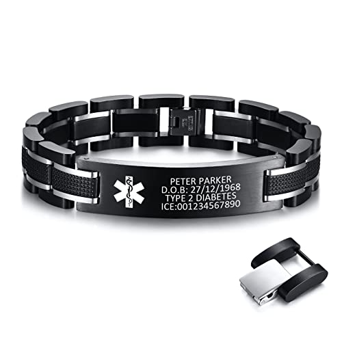 Kostenlose individuelle Gravur Medizinischer Alarm ID Armbänder für Männer Zweifarbiges Schwarz Gliederarmband Abnehmbare Schnalle, Edelstahl Namensidentifikation Notfall Schmuck für Ehemann Papa von XUANPAI