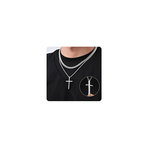 Kreuz Kette Silber mit Gravur für Herren - 2 Stück Ketten mit Kreuzanhänger Edelstahl Schweißfest Kubanische Kette Abschluss Geburtstag Geschenke für Sohn Jungs Männer (Matthäus 19:26, 50 cm/55 cm) von XUANPAI
