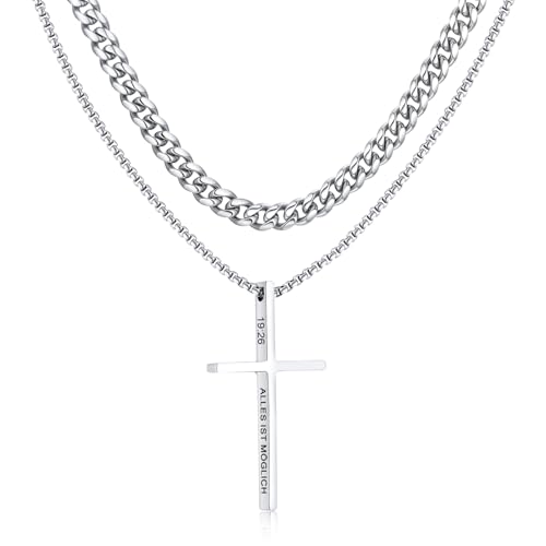 Kreuz Kette Silber mit Gravur für Herren - 2 Stück Ketten mit Kreuzanhänger Edelstahl Schweißfest Kubanische Kette Abschluss Geburtstag Geschenke für Sohn Jungs Männer (Personalisierte, 45 cm/50 cm) von XUANPAI