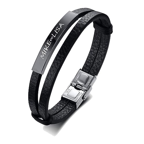 Lederarmband Herren Personalisierte Partnerarmbänder mit Gravur - Schwarze Armband Herren Doppelte Schichten PU Jahrestagsgeschenk für Ihn für Weihnachten Jubiläum Hochzeit Geburtstag Valentinstag von XUANPAI