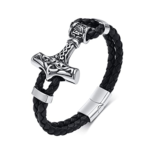 Nordisches Wikinger Armband für Herren, Thors Hammer Armbänder Wikinger Axt Armbänder Geflochten Echtleder Lerderarmband, Nordisch Schutzamulett Armreif Talisman Schmuck für Männer von XUANPAI