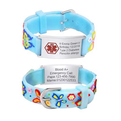 Notfallarmband Kinder SOS Armband - Personalisiert Medizinisches ID Armband Wasserdichtes Weiches Silikonband Angenehm Verstellbare Länge Cartoon Armband Namensarmband für Jungen Mädchen von XUANPAI