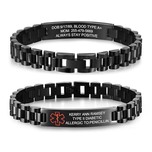 Notfallarmband Personalisierte Medizinisches Alarm Armband mit Gravur - Edelstahl SOS ID Armband Diabetes Epilepsie Allergie Telefonnummer Notfall Armbänder Verstellbare mit Knebelverschluss (Schwarz) von XUANPAI