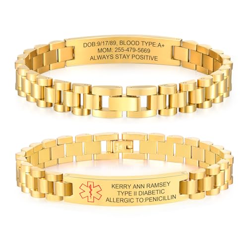 Notfallarmband Personalisierte Medizinisches Alarm Armband mit Gravur - Edelstahl SOS ID Armband Diabetes Epilepsie Allergie Telefonnummer Notfall Armbänder Verstellbare mit Knebelverschluss (Gold) von XUANPAI