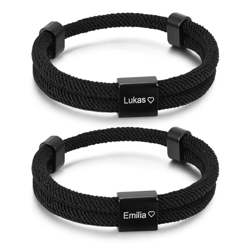 Partner Armbänder mit Gravur Personalisierte Geschenke – Jahrestag Geschenk für Sie Ihn Partnerarmbänder mit Namen Buchstabe Verstellbarer Personalisiert Armbänder für Paare Geburtstag (Schwarz#1) von XUANPAI