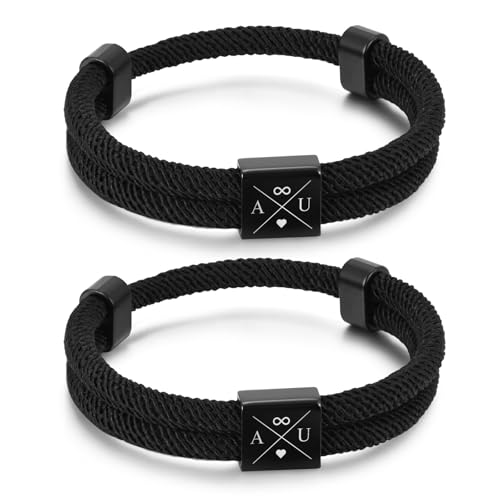 Partner Armbänder mit Gravur Personalisierte Geschenke – Jahrestag Geschenk für Sie Ihn Partnerarmbänder mit Namen Buchstabe Verstellbarer Personalisiert Armbänder für Paare Geburtstag (Schwarz#2) von XUANPAI