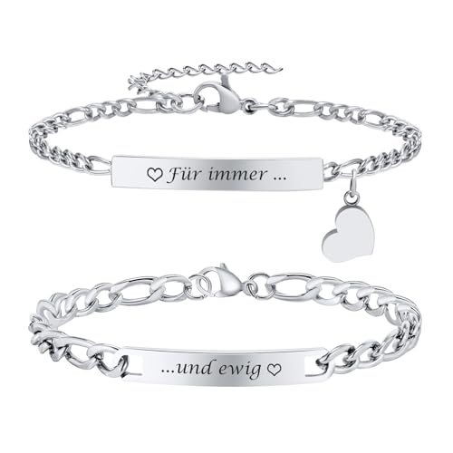 Partnerarmbänder mit Gravur Pärchen Armband - Paar Armbänder Edelstahl Figaro Kette Partnerarmband Verstellbarer Partner Armband Silber Partner Geschenke Weihnachten Geburtstag Jahrestag Valentinstag von XUANPAI
