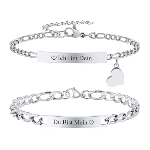 Partnerarmbänder mit Gravur Pärchen Armband - Paar Armbänder Edelstahl Figaro Kette Partnerarmband Verstellbarer Partner Armband Silber Partner Geschenke Weihnachten Geburtstag Jahrestag Valentinstag von XUANPAI