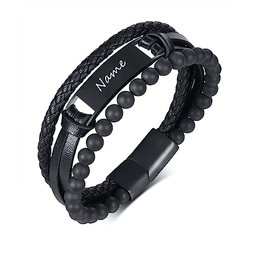 Personalisierte Herren Leder Armband für Männer, Hochwertiges Geflochtenes Lederarmband Schwarzer Onyx Stein Edelstahl Armband mit Gravur, Persönliche Namensgravur, Geschenk Fuer Herren (BL-673B) von XUANPAI