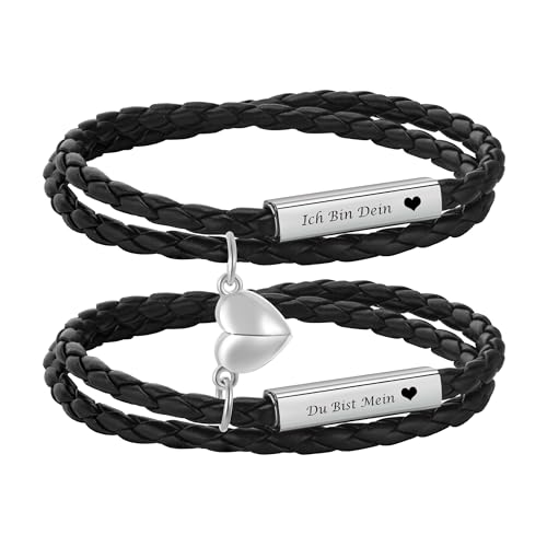 Personalisierte Partnerarmbänder mit Gravur - Lederarmband Herren Damen Pärchen Armband mit Namen Partner Armbänder Magnet mit HERZ Weihnachten Jubiläum Geburtstag Valentinstag Geschenke für Sie Ihn von XUANPAI