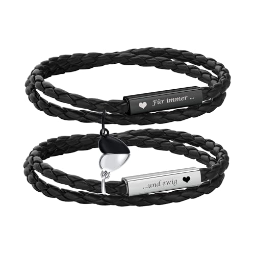 Personalisierte Partnerarmbänder mit Gravur - Lederarmband Herren Damen Pärchen Armband mit Namen Partner Armbänder Magnet mit HERZ Weihnachten Jubiläum Geburtstag Valentinstag Geschenke für Sie Ihn von XUANPAI