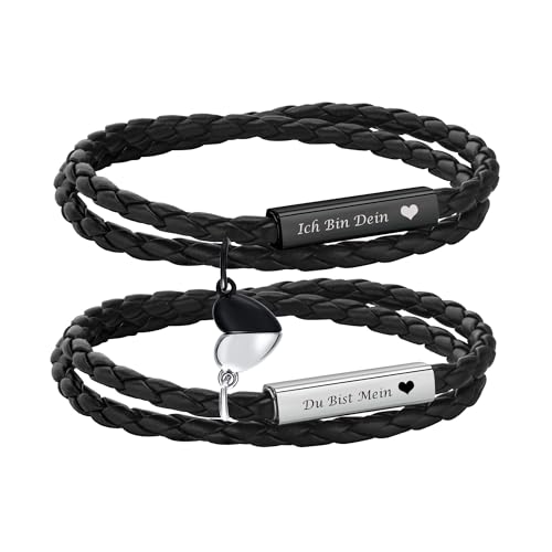 Personalisierte Partnerarmbänder mit Gravur - Lederarmband Herren Damen Pärchen Armband mit Namen Partner Armbänder Magnet mit HERZ Weihnachten Jubiläum Geburtstag Valentinstag Geschenke für Sie Ihn von XUANPAI