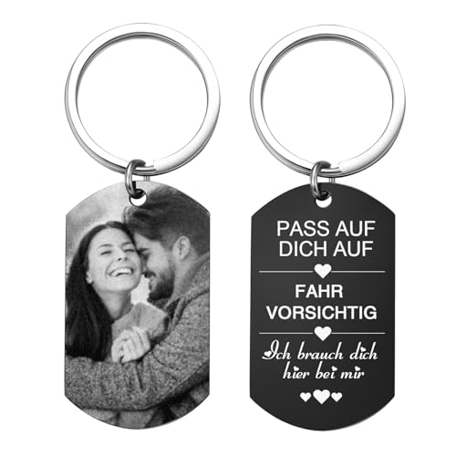 Schlüsselanhänger Personalisiert Foto Geschenk für Ihn - Personalisierter Schlüsselanhänger Freund Auto mit Gravur Bild Fotogeschenke für Männer Papa Partner Ehemann Bruder (A-PASS AUF DICH AUF) von XUANPAI