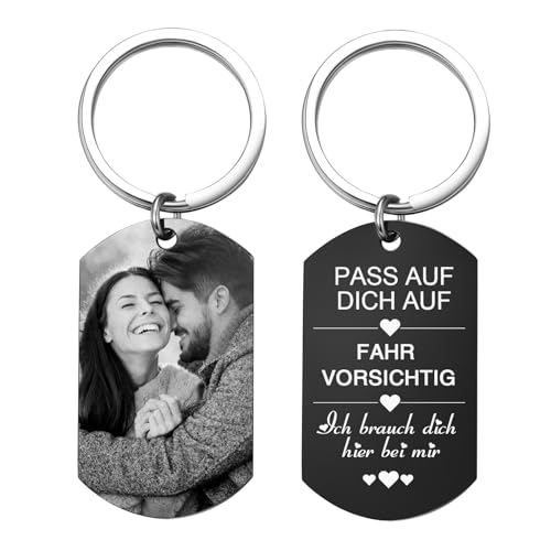 Schlüsselanhänger Personalisiert Fotogeschenke für Männer Frauen - Personalisierter Schlüsselanhänger Auto mit Gravur Bild Foto Geschenke für Papa Partner Ehemann Freund Bruder PASS AUF DICH AUF von XUANPAI