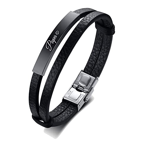 Schwarzes Armband Herren mit Gravur aus Leder, Personalisierte Schmuck Geschenke für Männer, Armband mit Gravur "Papa", Edelstahl Silber Panzerkette Armband für Vater (Lederarmband (BL-489BB)) von XUANPAI