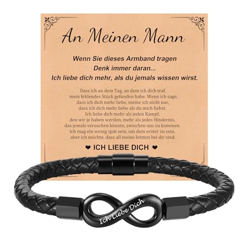 Valentinstag Armband Herren Personalisierte Geschenke - Lederarmband Herren mit Gravur Namen Geflochtenes Armband Leder Unendlichkeits Ich Liebe Dich Geschenk Jahrestag Männer Geschenke (Schwarz, 19) von XUANPAI