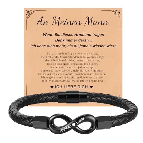 Valentinstag Armband Herren Personalisierte Geschenke - Lederarmband Herren mit Gravur Namen Geflochtenes Armband Leder Unendlichkeits Ich Liebe Dich Geschenk Jahrestag Männer Geschenke (Schwarz, 21) von XUANPAI