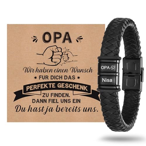 Vatertagsgeschenk für Opa Armband Herren Personalisierte - Männer Geschenke für Opa zum Geburtstag Lederarmband Herren mit Gravur Name Bester Opa Geschenk von Enkel (Schwarz - 2 Namensperlen, 19) von XUANPAI